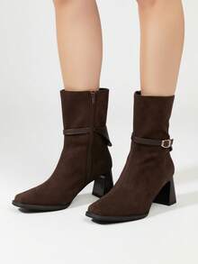 Maillard Brown High Heel Boots, Slimming, Stylish, High-End, Retro Square Toe Ankle Boots For Women, Chunky Heel, Autumn/Winter - Brown - View 6