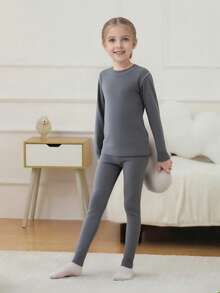 Tween Girls' Thermal Underwear Set (Ages 8-12 / 120-160 Cm) - Crew Neck Long Sleeve Top & Pants,Grey | Thermal Lined Ultra-Warm & Breathable | Slim Fit, Ideal For Home Play, School Commutes, Ski Trips | Anti-Static & Quick-Dry | Winter/Christmas Essential