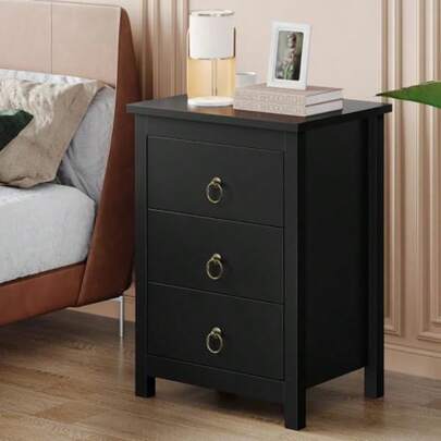 Bedside Table With Pull Ring Handles Nightstand Cabinet 50cm X 39cm X 68.5cm Storage Organiser Drawer Shelves Vintage Bedroom Living Room Sofa Side Table Black