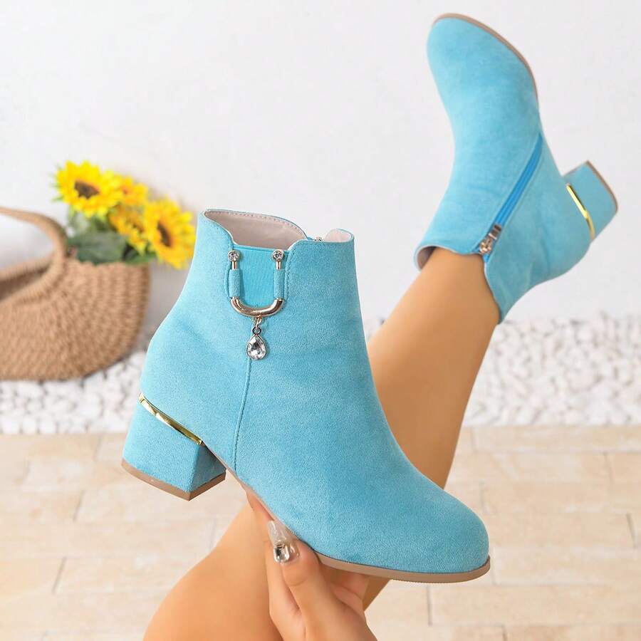 Botas de tobillo de ante con colgante de rhinestone para mujer, elegantes botas de oficina para otoño/invierno, estilo europeo y americano, versátiles, estilizadoras y que aumentan la altura - Azul cielo - Ver 1