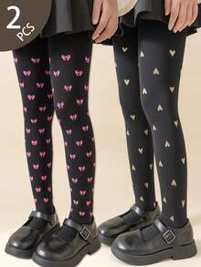 4 Pairs Girls' Heart & Bow Print Tight Leggings, High Density Knit, All Season - Multicolor - View 21