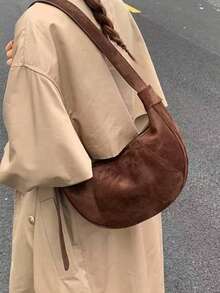 Bolsa de Suede Tipo Empadão, Nova Bolsa de Ombro em Veludo Fosco Meia-Lua para Outono/Inverno, Bolsa Transversal para Transporte