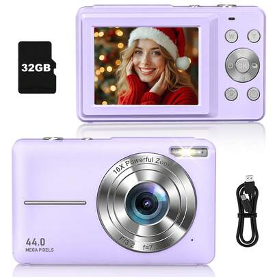Digital Camera, FHD 1080P Compact Camera 44MP 16X Zoom Point And Shoot Camera With 32GB SD Card,Lanyard, Pocket Camera For Beginners(Purple)