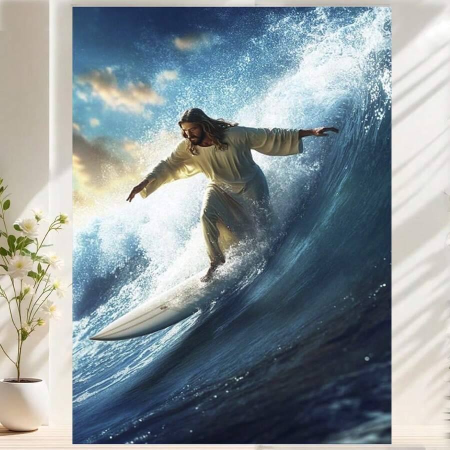 Framed 1PC Room Decor Jesus Surfing On The Sea Poster Christian Decorative Painting Suitable For Living Room, Bedroom, Office, Home Decoration Room Decoration - 框架 - 查看 1