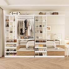 Bvldfamly Wardrobe Closet With All Mirror Doors & Drawers, Modern Wooden Bedroom Armoires With Hanging Rod & Open Shelves, Clothes Storage Cabinet For Bedroom, White - 白色 - 查看 8