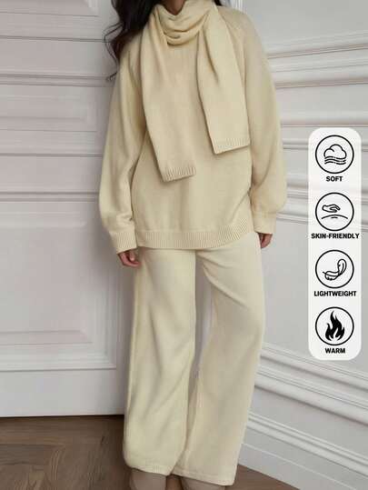 3pcs Women's Casual Loose Fit Beige Long Sleeve Top And Pants And Scarf Set, Autumn/Winter Women Comfy Three Pieces Set,Elegant Casual Commuting Office Wear,Suitable For Daily Wear, Chilling,Outdoor Leisure And Travel In Autumn/Winter Season