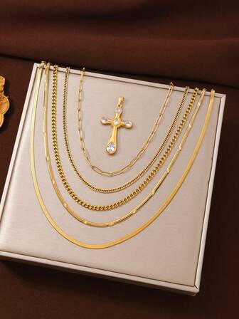 6件套优雅不锈钢镀金首饰项链套装，配十字架吊坠，适合女性日常佩戴、节日、约会、订婚、婚礼等场合。