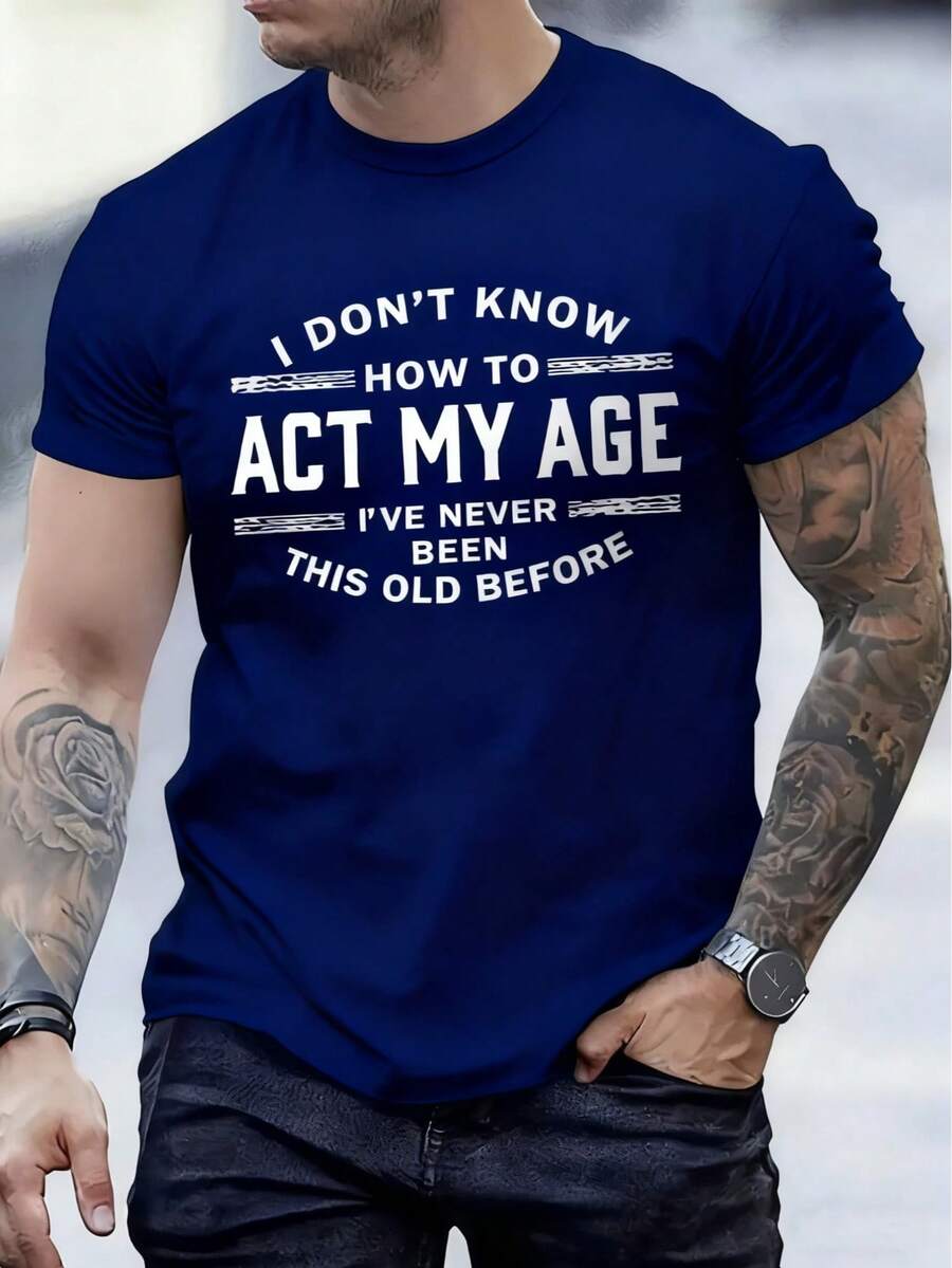 Men's T-Shirt, Classic Graphic T-Shirt, Soft And Comfortable T-Shirts For Men, Script Logo, 180g, 100% Cotton - 藏蓝色 - 查看 1