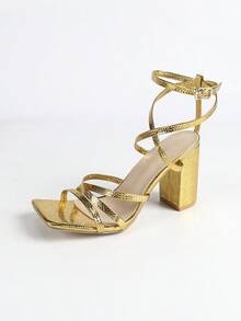 Women's Sexy Gold High Heel Shoes, Square Toe Ankle Strap Chunky Heel Open Toe Sandals, Comfortable And Versatile For Daily Wear And Commuting