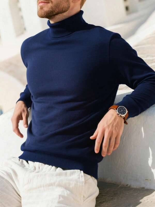 Suéter masculino casual de cor sólida e gola alta, manga comprida, para outono/inverno