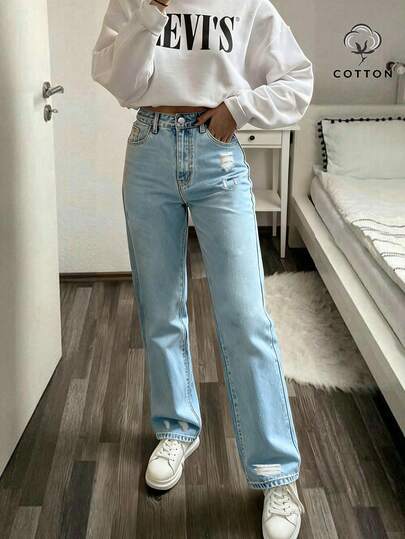 Fashion Casual Resort Style Women's Designer Ripped Washed Solid Color Jeans Pants