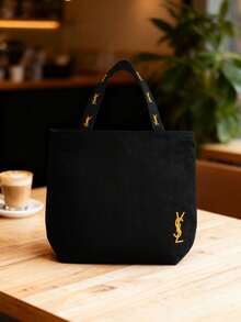 Yves Saint Laurent 女士黑色帆布手提包，大号敞口购物袋，饰有金色Logo和提花肩带，时尚单肩包 - 黑色 - 查看 2