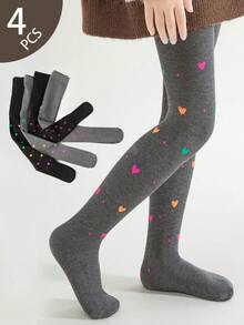 4 Pairs Girls' Heart & Bow Print Tight Leggings, High Density Knit, All Season - Multicolor - View 11