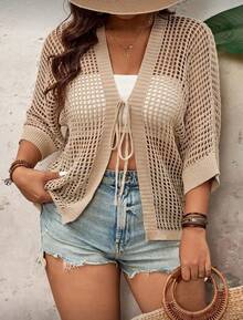 Cardigan Cape Coat Plus Size Knitted Crochet Transparent Summer - 沙 - 查看 4