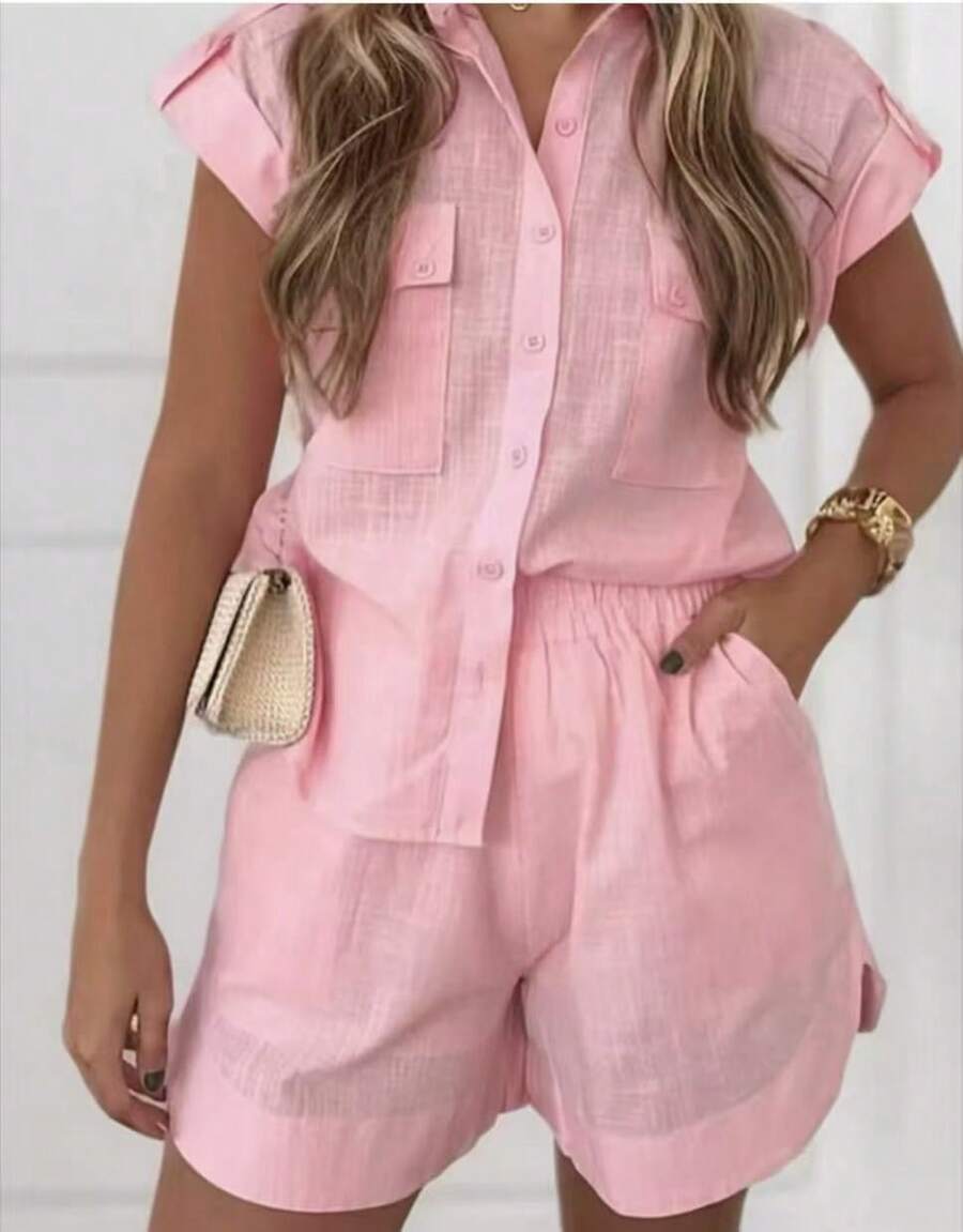 Women's Shirt And Shorts Set With Lining - 粉色 - 查看 1