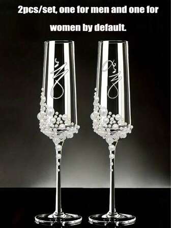 1/2 piezas Copas de champán con perlas falsas y cristal de vidrio, copas de champán para bodas, decoraciones románticas, adecuadas para bodas, decoraciones de boda, vasos personalizados, decoraciones para fiestas, regalos para damas de honor, cumpleaños, decoraciones para despedida de soltera (se envía al azar 1 pieza de copa de hombre y mujer, las perlas se distribuyen al azar debido a la producción manual)