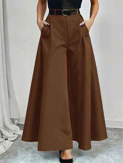 Solid Color Pocket Marked Women's Wide Leg Pants, Suitable For Daily, Back To School, Party, Airport, Commute, All Season