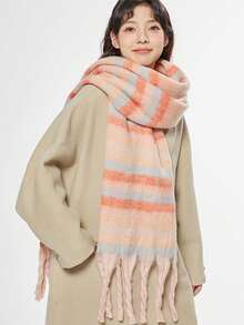 1pc Striped Scarf For Women, Thick & Warm Dual-Use Shawl/Neck Warmer, Autumn/Winter - Multicolor - View 6