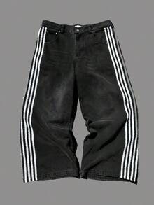 Men's Striped Denim Pants Stripe Baggy Jeans Fashion Casual Straight-Leg Trousers Daily Personalized Street Style - màu đen - Xem 2