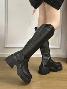 Bally V-Cut Tall Elastic Boots, Thick Sole, Thermal Lining, Slimming Riding Boots For Winter - Black - View 6