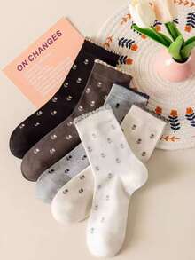 3 Pairs Random Floral Lace Cotton Mid-Calf Socks For Women, Retro Maillard Cuff Crew Socks, Spring & Autumn - Multicolor - View 8