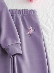 Chatreadl 2 piezas Conjunto de sudadera y pantalones de unicolor con bordado de unicornio para niñas, diseño minimalista, cómodo para primavera, otoño e invierno - Púrpura polvoriento - Ver 6