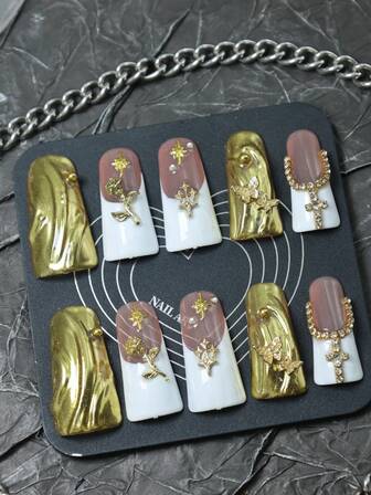 CrystalHola Christmas Nails, 10 Pieces Of Handmade Fake Nails Press-On Nails, French Tip Nails, Long Duckbill-Shaped Nails, Gold And White Nails With 3D Butterflies And Roses, Glittery Holiday Nails, Luxurious Nails, Y2K Style, Suitable For Music Festivals, Parties And Everyday Wear, Fall And Winter, A Good Gift For Girls And Women, New Year Nails.