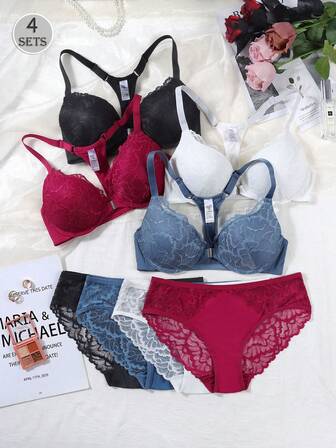 4-Sets Women's Front-Closure Lace Lingerie Set & Lace Panties
