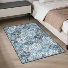 Hodeffior Washable Vintage Area Rugs 120x170cm, Traditional Living Room Rug, Non-Slip Floral Print Carpet For Bedroom, Foldable Short Pile Indoor Mat For Dining Room - Grey Blue - View 10