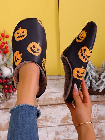 1 Pair Women's Cute Pumpkin Slippers, Vintage Memory Foam Waterproof Gothic Horror Slippers, Autumn/Winter House Slippers