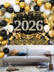 68件/套 2026新年派对装饰，10英寸黑金乳胶气球，“2026新年快乐”香槟色铝箔气球图案背景，新年快乐派对气球，12英寸金属乳胶气球，适用于欢乐的新年庆祝背景、新年除夕派对、新年背景装饰、墙面装饰、单身派对装饰、新年照片背景装饰 - 新年套裝A款 - 查看 5