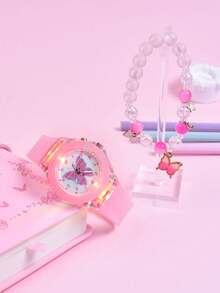 1pc Girls Butterfly Pattern Silicone Strap Cute Luminous Round Dial Quartz Watch & 1pc Beaded Bracelet, For Daily Life
