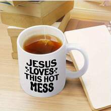 1pc White Ceramic Mug With Black Text& Hearts Design- Jesus Loves This Hot Mess- 11oz, Hand Wash Only, Perfect For Holiday, Birthday, Christmas, Or Summer Gifts, Hot Mess Gift Playful Design Ceramic Mug - Jesus, Loves, Hot, Mess, Heart - View 6