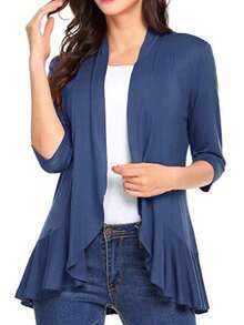 Women Spring Autumn Cardigan Tops, 3/4 Sleeve Casual Solid Color Ruffled Hem Thin Tops Coat - Navy Blue - View 3