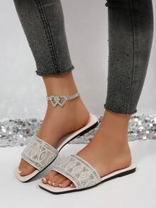 Sandales de plage ornées de strass, style coréen, pantoufles légères de luxe à enfiler pour femmes, mules décontractées d'été pour vacances, antidérapantes, surdimensionnées, tongs mode pailletées pour intérieur et extérieur - Beige - Voir 6