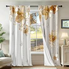 2 Pcs Polyester Light Filtering Curtains - High Definition White Gold Flower Pattern Printing For Bedroom, Living Room, Office And Home Decor, Rod Pocket Design - Multicolor - View 5