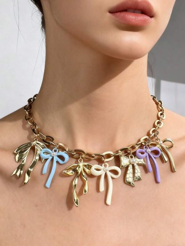 1pc Sweet Romantic Asymmetrical Bow Pendant Necklace, Colorful Golden Pearl Bowknot, Fashion Jewelry For Women, Suitable For Girlfriend, Wedding, Engagement