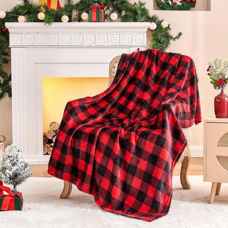 Flannel Blanket For Couch, Red & Black Plaid Fleece Throw Blanket, Soft & Warm Buffalo Plaid Decor Gift Blanket For Women, Men - 紅黑 - 查看 1