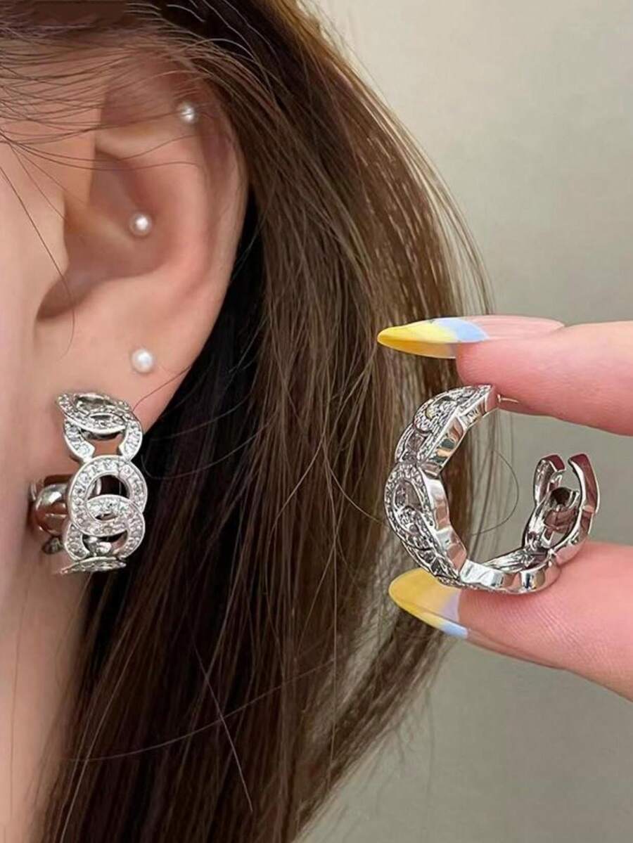 1 Pair Fashion Rhinestone Hollow OC Letter 925 Silver Needle Earrings, Elegant Goddess Everyday Accessory, Suitable As Party/Event Gift