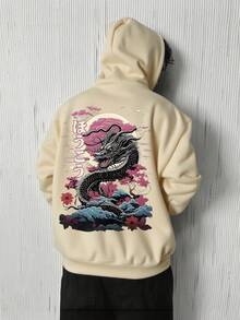 Krometka 男士秋冬黑色龙纹樱花印花连帽衫，独特日式风格 - 杏色 - 查看 5