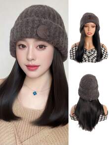10英寸中长直发帽假发，合成纤维材质，带弹力针织帽 - 针织帽假发，高温丝，100%密度，自然逼真，适合日常佩戴，基础款