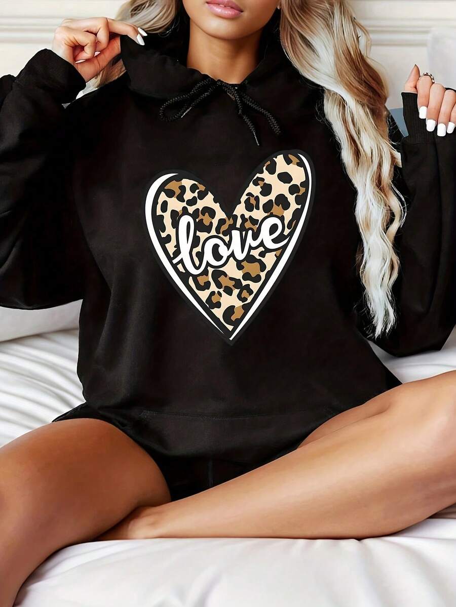 1 Pcs Women's Leopard Print Love Hoodie 100% Polyester Plus Size Sweatshirt With Pocket 3D Print Design Comfortable Autumn And Winter Casual Clothing 550g - màu đen - Xem 1