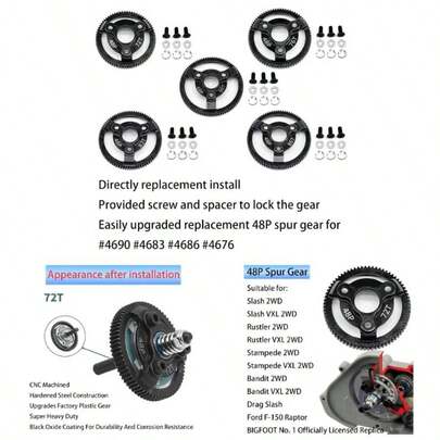 RC 48P 72T Spur Gear Hardened Steel Spur Gear Upgrades Part Traxxas 1/10 Slash Stampede Rustler 2WD VXL XL - 5 F - 150 SVT, 72T