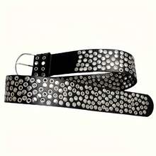 1 Piece Y2k American Retro Punk Style Wide Belt Women's Eyelet Rivet Multi-Hole Design Belt Decorative Versatile - Black - View 12