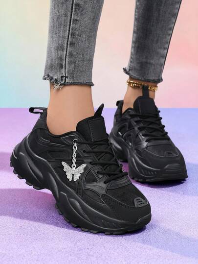 女士运动鞋，撞色圆头皮革系带运动鞋，轻便透气防滑耐磨户外运动鞋，白色舒适休闲鞋