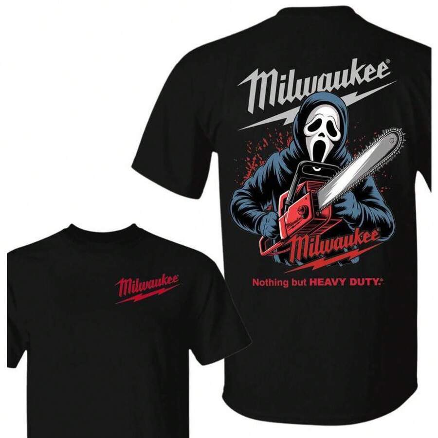 Milwaukee Tools Ghost Face With Chainsaw 2 Sided Unisex Tee  – Halloween Character Graphic Cotton Unisex Shirt - 黑色 - 查看 1