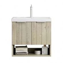 KAIRO Lavabo de Baño Montado en la Pared de 55cm con Lavabo de Cerámica Rectangular Blanco, Gabinete Rayado con Puertas Dobles y Estante Abierto, Color de Grano de Madera de Roble Crema - Blanco + Blanco roto + Cerámica + Contrachapado - Ver 3