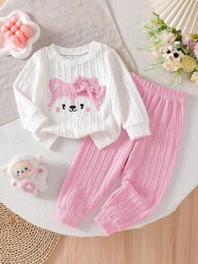 Baby Girls Autumn/Winter Fashion Cute Round Neck Knitted Long Sleeve Embroidered Cartoon Fox Pattern Bow Decor Sweatshirt And Elastic Waist Pink Textured Fabric Pants Set, Suitable For Outings, Home, And Street Wear - White - View 1