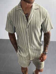 Bộ 2 món áo và quần short dệt kim móc kiểu Bohemian GloMan dành cho nam, áo sơ mi kẻ sọc nhiều màu, thích hợp cho bãi biển, lễ hội âm nhạc, kỳ nghỉ ở Hawaii, món quà tuyệt vời dành cho nam giới, phong cách nghỉ dưỡng cổ điển. - Màu be - Xem 7