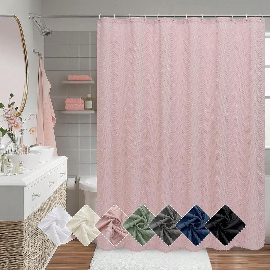 Blush Pink Bathroom Shower Curtain 72 Inch Length, Soft Fabric Tufted Striped Shower Curtain For Bathroom, Modern Farmhouse Washable Shower Curtain, 72Wx72L,27462517 - 粉色 - 查看 1